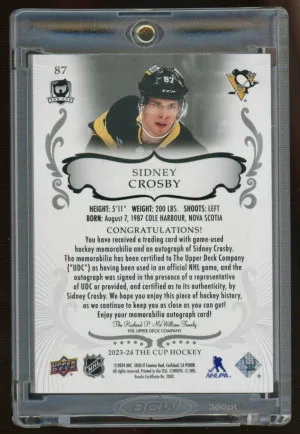 SIDNEY CROSBY 2023-24 UPPER DECK THE CUP - SSP SUPER SHORT PRINT /3 GREEN PARALLEL BUTTON AUTOGRAPH SERIAL 2/3 HOLY GRAIL PENGUINS ON CARD back