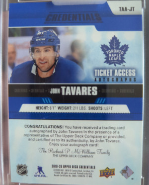 2019-20 UD Credentials Ticket Access Auto John Tavares 2/25 back