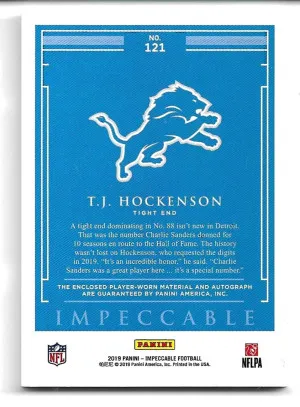 2019 Panini Impeccable Elegance Rookie Autograph Patch / Helmet #121 T.J. Hockenson (RC) (#22/75) back