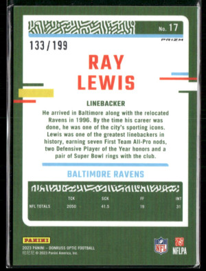 2023 Panini Donruss Optic Prizm Ray Lewis #17 Blue 133/199 back