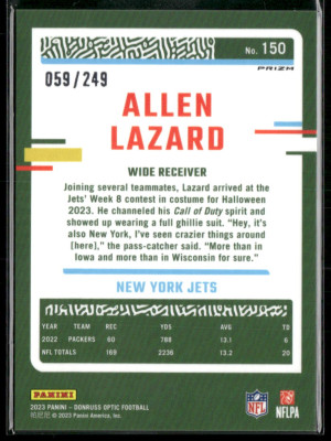 2023 Donruss Optic Prizm Allen Lazard #150 Orange 059/249 back