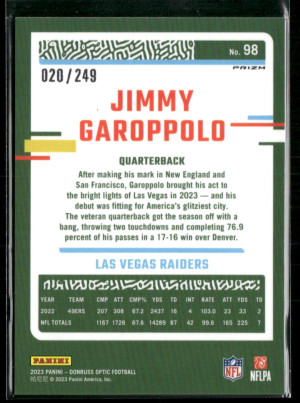 2023 Panini Donruss Optic Prizm Jimmy Garoppolo #98 Orange 020/249 back