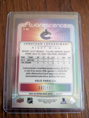 2024-25 Upper Deck Series 2 Jonathan Lekkerimaki Fluorescence Gold
Numbered 87/150 back