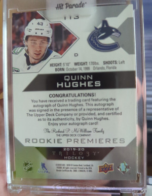 2019-20 UD Trilogy Rookie Premier Quinn Hughes Auto 45/99 back