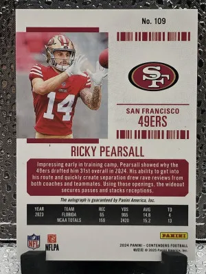 2024 Panini Contenders #109 Conference Ticket Ricky Pearsall On Card Autograph Numbered 53/75 back