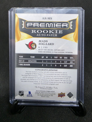 2022-23 Upper Deck Premier - Acetate Rookie Auto Patch Mads Sogaard /249 back
