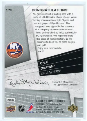 2008-09 SPx #173 Kyle Okposo Jersey Autograph Rookie Card /999 back
