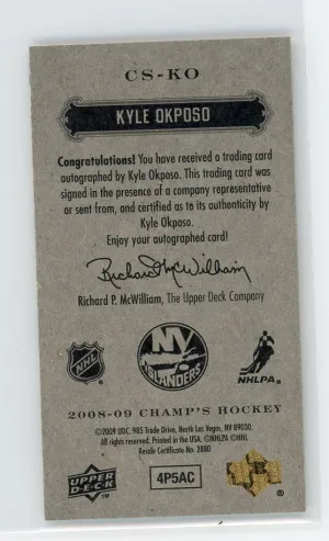 2008-09 Upper Deck Champ's #CS-KO Kyle Okposo Mini Signatures back