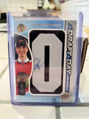 Kevin Korchinski 2023-24 SP Game Used Draft Day Marks “O” #32/35 front