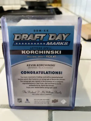 Kevin Korchinski 2023-24 SP Game Used Draft Day Marks “O” #32/35 back