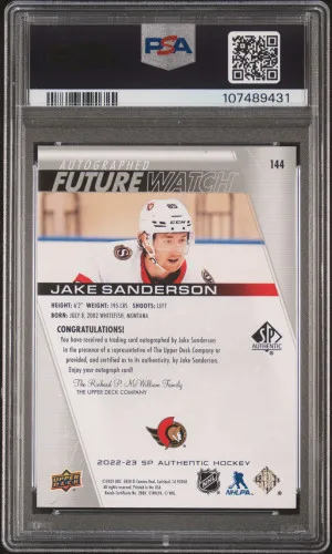 2022 SP Authentic Jake Sanderson Future Watch Autograph PSA 9 Mint back