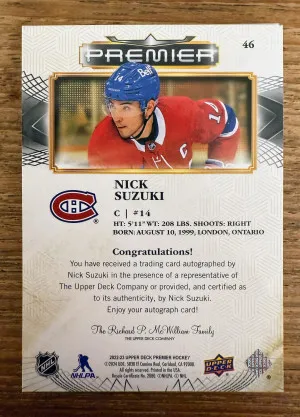 2022-23 UD Premier Nick Suzuki Auto Gold /25 back
