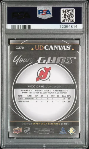 2021-2022 Upper Deck Nico Daws UD Canvas Young Guns-Black PSA 10 Gem Mint back