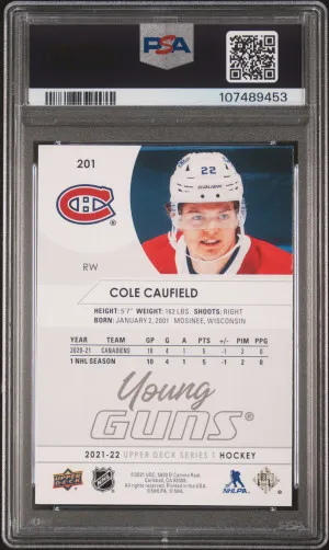2021-2022 Upper Deck Cole Caufield Young Guns PSA 9 Mint back