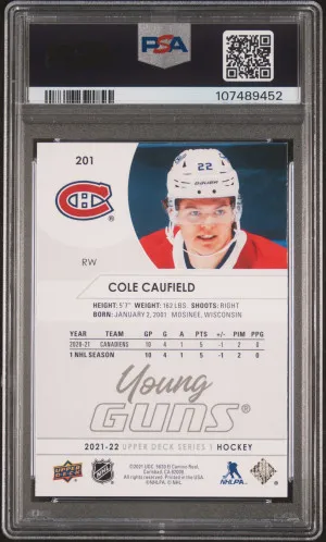 2021-2022 Upper Deck Cole Caufield Young Guns PSA 9 Mint back