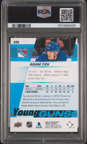 2019 Upper Deck Adam Fox Young Guns PSA 9 Mint back