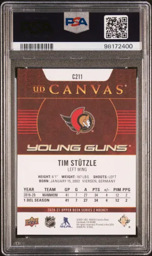 2020 Upper Deck Tim Stutzle UD Canvas Young Guns PSA 9 Mint back