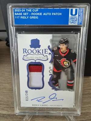 2023-24 UPPER DECK THE CUP RIDLY GREIG RC 3 COLOR PATCH AUTO RPA /249 front