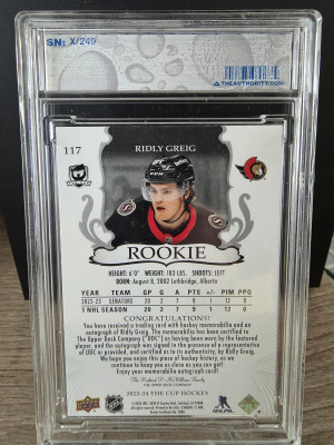 2023-24 UPPER DECK THE CUP RIDLY GREIG RC 3 COLOR PATCH AUTO RPA /249 back