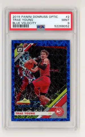 2019 Donruss Optic TRAE YOUNG Rare BLUE VELOCITY HOLO PRIZM #2 - GRADED PSA 9 Atlanta Hawks front
