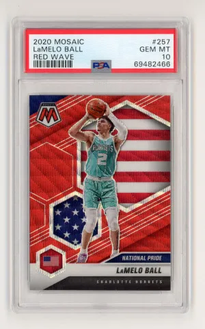 2020-21 Panini Mosaic LAMELO BALL Rookie RC RED WAVE PRIZM #257 Hornets - PSA 10 - Charlotte Hornets front