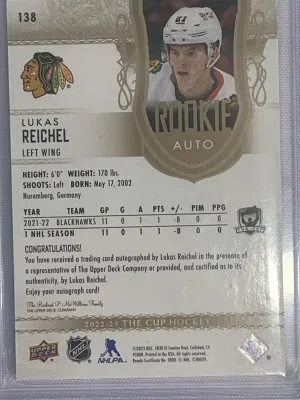 Lukas Reichel The Cup Rookie Auto /36 back