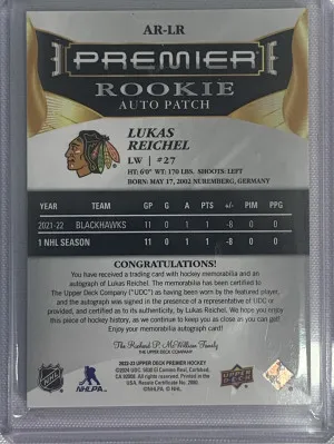 Lukas Reichel Premier Rookie Patch Auto /65 4 Color back
