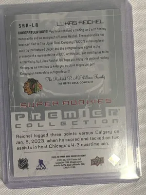 Lukas Reichel Premier Super Rookie Patch Auto /99 back
