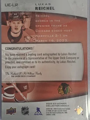 Lukas Reichel Ultimate Rookie Emblems Auto /49 Jersey # back