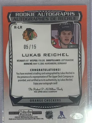 Lukas Reichel OPC Platinum Orange Checkers Rookie Auto /15 back
