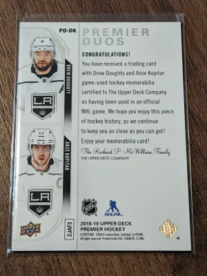 DREW DOUGHTY ANZE KOPITAR 8/99 2018-19 PREMIER DUOS DUAL JERSEYS 2 COLORS  LA back