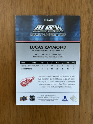 2021-22 SPx UD Black Obsidian Rookies Lucas Raymond #OR-40 (235/349) back