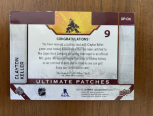 2021-22 Ultimate Collection - Ultimate Patches Clayton Keller #UP-CK (1/15) back