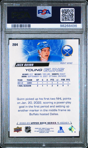 2022 Upper Deck Jack Quinn Young Guns PSA 9 Mint back