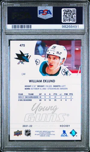 2021-2022 Upper Deck William Eklund Young Guns PSA 9 Mint back