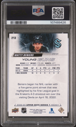 2022 Upper Deck Matty Beniers Young Guns PSA 9 Mint back