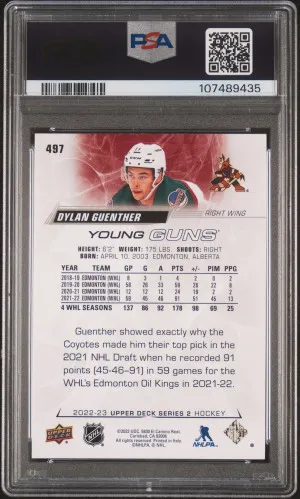 2022 Upper Deck Dylan Guenther Young Guns PSA 9 Mint back