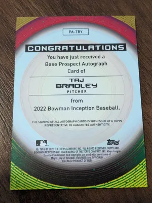 Taj Bradley Auto /50 2022 Bowman Inception Autographs Gold #PATBY back