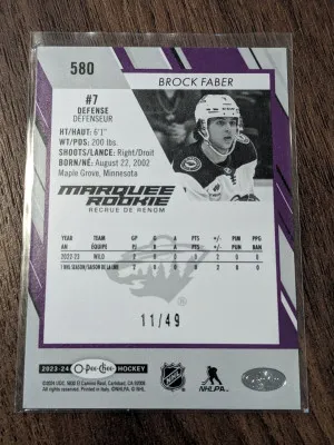 Brock Faber /49 purple 2023-24 O-Pee-Chee  #580 Marquee Rookie Purple Border /49 back