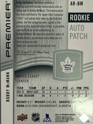 Bobby Mcmann Premier Rookie Patch Auto /249 back