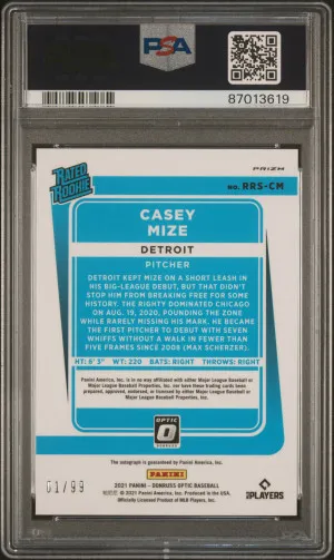 2021 Panini Donruss Optic Rated Rookie Signatures Casey Mize Rtd.rke.sig-Green Mojo Numbered 01/99 back