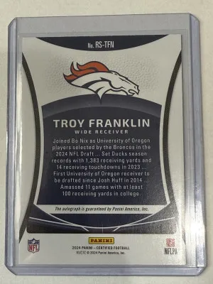 2024 Panini Certified Troy Franklin Red Rookie auto 50/99 back