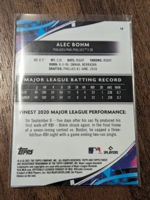 2021 Topps Finest Purple Alec Bohm /250 #16 Rookie Card RC back