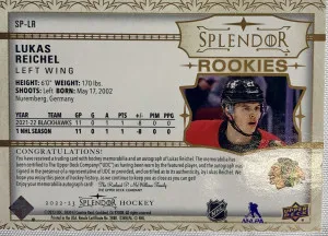 Lukas Reichel Splendor Rookie Patch Auto The Cup /49 back