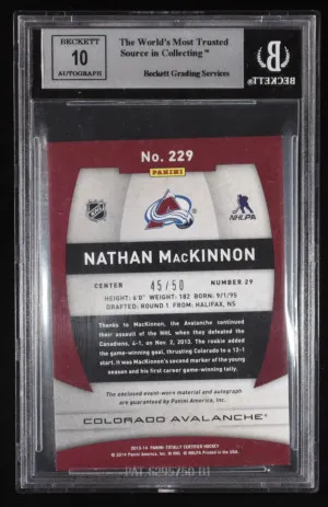 Nathan Mackinnon 2013-14 Totally Certified Rookie Autograph Jerseys Platinum Red #229 /50 Beckett 8.5 Auto 10. back