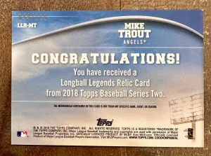 2018 Topps Series 2 Longball Legends Relic Game Used Mike Trout /100 back