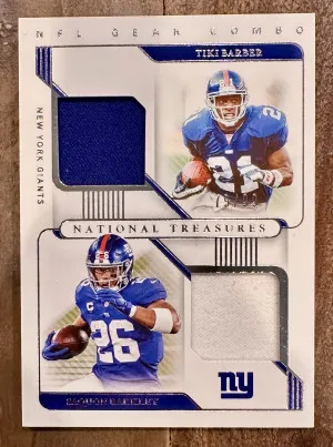 2020 Panini National Treasures Saquon Barkley/Tiki Barber Gear Combo Patch /99 front