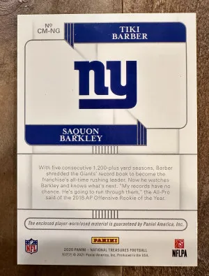 2020 Panini National Treasures Saquon Barkley/Tiki Barber Gear Combo Patch /99 back