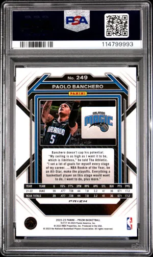 2022 Panini Prizm Paolo Banchero Silver #249 PSA 10 back