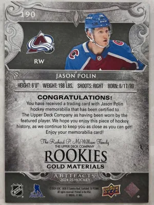 2024-25 UD Artifacts- Jason Poulin Rookie Gold Material /499 back